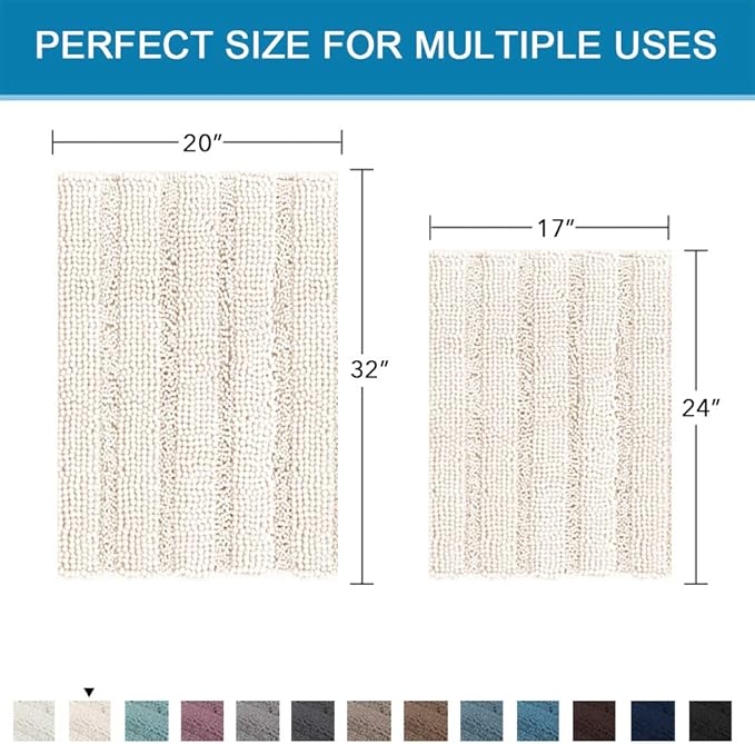 H.VERSAILTEX Ivory Bath Mat Bath Rugs, Extra Thick Striped Bath Rugs for Bathroom 2 Piece Bathroom Set, Anti-Slip Soft Plush Chenille Shaggy Mat Water Absorbent (Ivory, 20" x 32"/17" x 24")