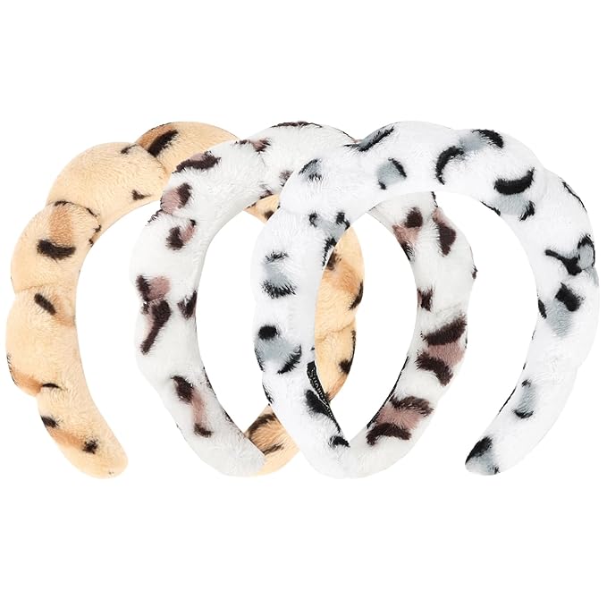 3 Pack Terry Cloth Headbands - Puffy Hair Bands for Skincare, Makeup, and Face Washing with Sponge