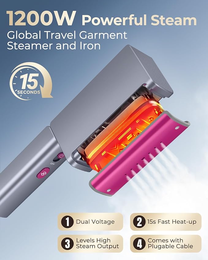 Travel Steamer Dual Voltage (110-220V), 2-in-1 Portable Steamer & Iron, 1200W, 15s Fast Heat-Up, Foldable Travel Size with Pluggable Cable, 110ml Tank for Home, Europe & Global Use