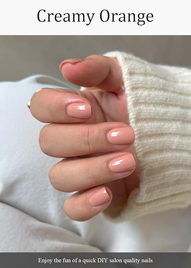 Semi Cured Gel Nail Strips (Creamy Orange), Fall, 20 Pcs Gel Nail Wraps, Stickers, UV Light Required, Salon Quality