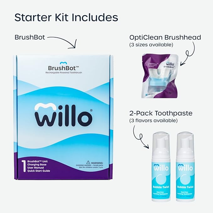 Willo BrushBot Kids U-Shaped Toothbrush Starter Kit – Rechargeable, Smart Electric Toothbrush for Kids Ages 8-11 w/App, Soft Bristles, Plaque Removal, Gentle & Deep Clean Modes | Medium Bubble Twist