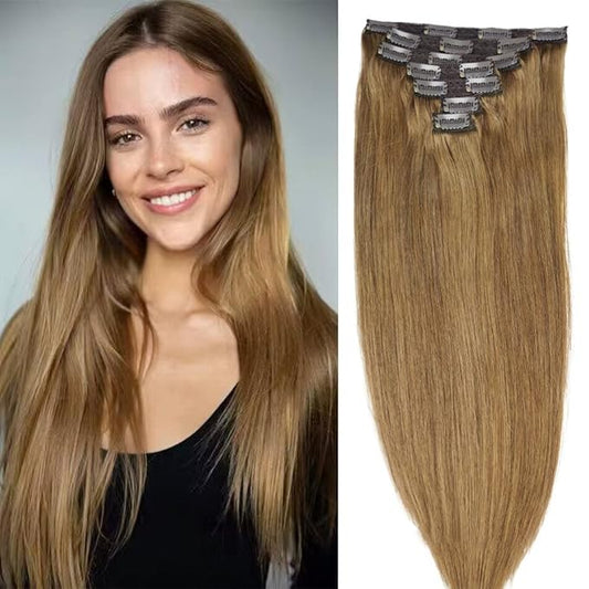 22" Clip in Human Hair Extensions Full Head 200g 10 Pieces 22 Clips Light Brown Double Weft Brazilian Real Remy Hair Extensions Thick Straight (22" 200g, #8)