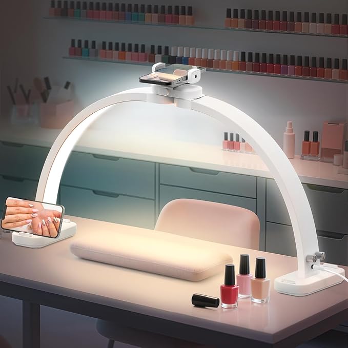 TONYFUL Large Half Moon Light for Nail Desk, 31" 45W Arch Light with Phone Holder, Foldable Manicure Lamp, Stepless Dimming & 3 Color Temperature, Led Desk lamp for Nail, Tattoos, Eyebrows, Beauty