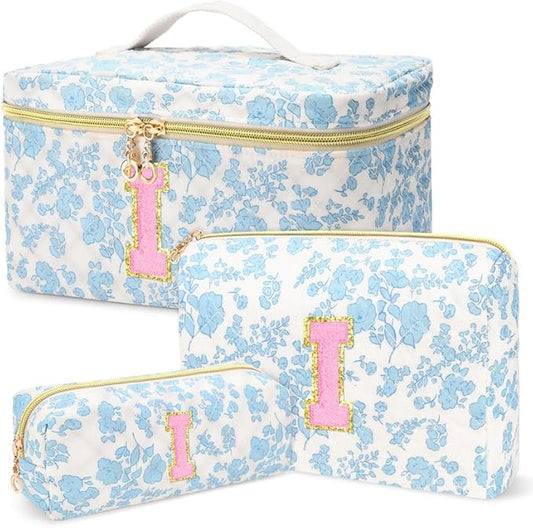 3 PCS Travel Makeup Bag Set, A-Z Initials Cotton Make up Bag Floral Quilted Cosmetic Bag for Girls and Women, Personalized Cute Toiletry Bag Travel Accessories Brushes Bag Blue - I