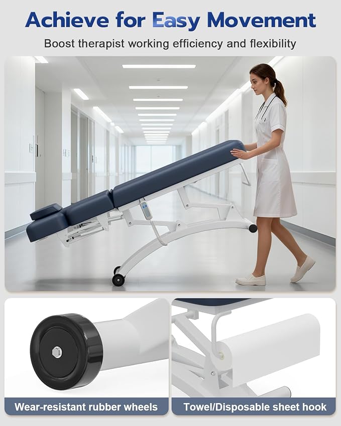 SyyBhb Professional Hi-Lo Electric Massage Table with Wheels, Haydraulic Adjustable Backrest Downward for Treatment/Facial/Beauty/Spa/Physical Therapy Blue