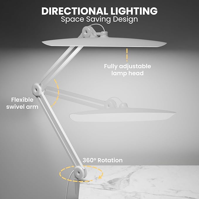 3000 Lumens Adjustable LED Desk Lamp & Task Lamp - Bright, Dimmable Lighting for Office, Crafts, Nails &Salon Hobbies with Clamp (CCT, White)