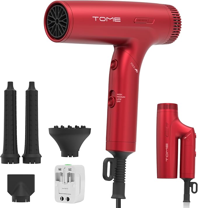 TOME 1200W Hair Dryer Travel Dual Voltage 120V/240V Foldable Blow Dryer with Diffuser Comb Nozzle Storage Bag Universal Power Adapter (Red)