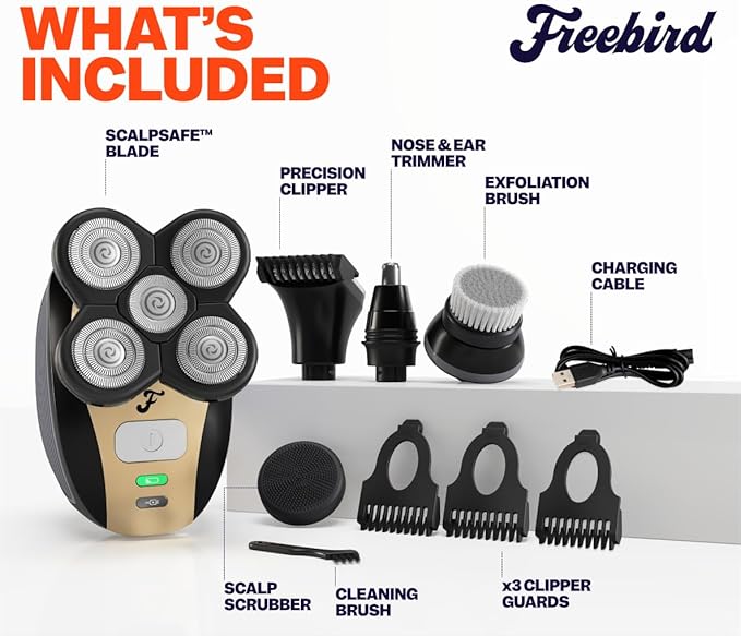 Freebird FlexSeries Electric Head & Body Hair Shaver - Mens Cordless Rechargeable Wet/Dry Skull Bald Head Back & Groin Waterproof Razor with Rotary Blades, Clippers, Nose Trimmer, Brush, Massager