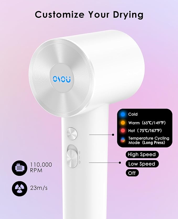 Hair Dryers, Negative Ionic Hair Dryer, High-Speed Blow Dryer with 110, 000 RPM Brushless Motor, Fast Drying Lightweight Travel Hairdryer, Low Noise Home Hair Dryer with Smooth Nozzle