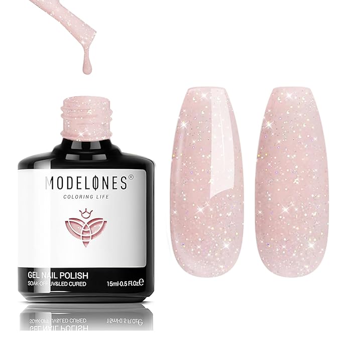 modelones Nude Gel Polish Glitter Glitter Gel Nail Polish Pink Shimmer Nail Polish Base Color Soak Off U V Soap Nails for Nail Art Manicure at Home 15ML
