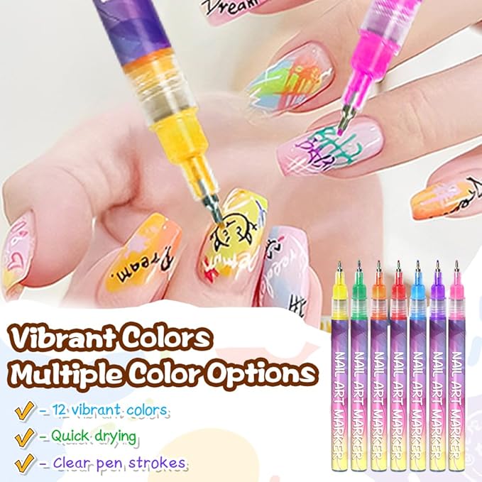 12 Colors Nail Art Pens Set, Nail Art Markers Polish Pen for 3D Nail Art, Drawing Painting Liner Brush for DIY Nail Art Beauty Adorn Manicure Tools (12 colors)