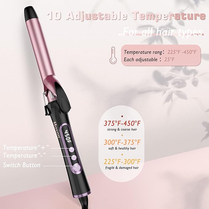1 Inch Curling Iron, Dual Voltage Hair Curling Iron Heat up to 450°F, Professiona Curling Wand Ceramic Tourmaline(Rose Gold)