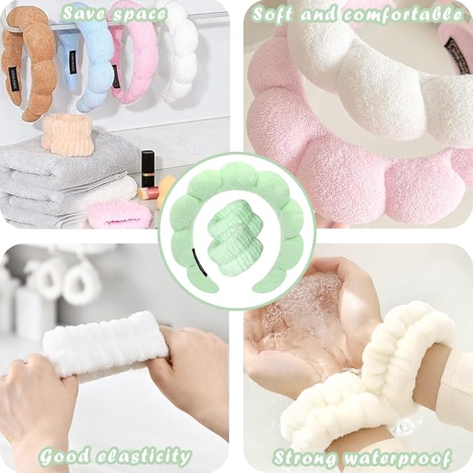 Spa Headbands for Washing Face Wristband Set Sponge Makeup Skincare Headband Wrist Towels Bubble Soft Terry Towel Cloth Hairband for Women Puffy Headwear Non Slip Thick Thin Hair Headwear (Green)