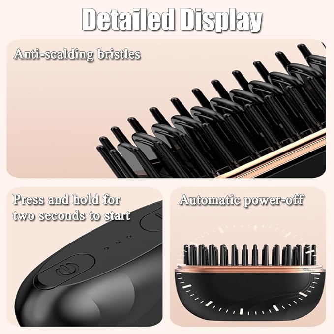 Mini Straightener Brush, Rechargeable Cordless Hair Straightener with 3-Temp Settings & Anti-Scald Shell, Fast Heating 30s Portable Hot Comb for Travel, Frizz Control for All Hair Types(Black)