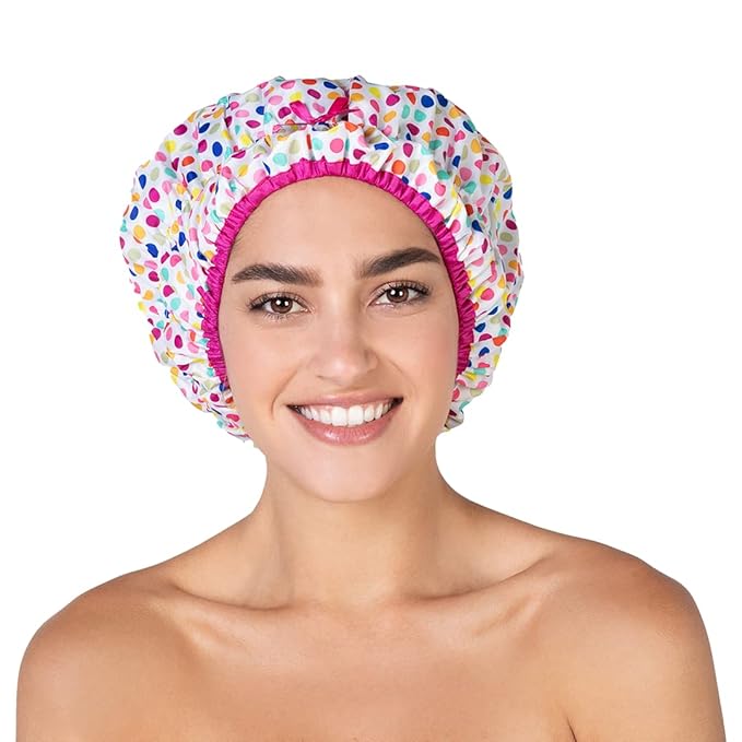 Reusable Bath & Shower Cap Lined, Oversized Waterproof Shower Caps Large Designed for all Hair Lengths with PEVA Lining & Elastic Band Stretch Hem Hair Hat - Fashionista Deco Dots