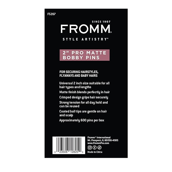 Fromm Style Artistry 2" Crimped Bobby Pins, Matte Black, 600 Hair Pins, Secure Hold, Suitable for All Hair Types and Lengths, Hair Accessories for Women