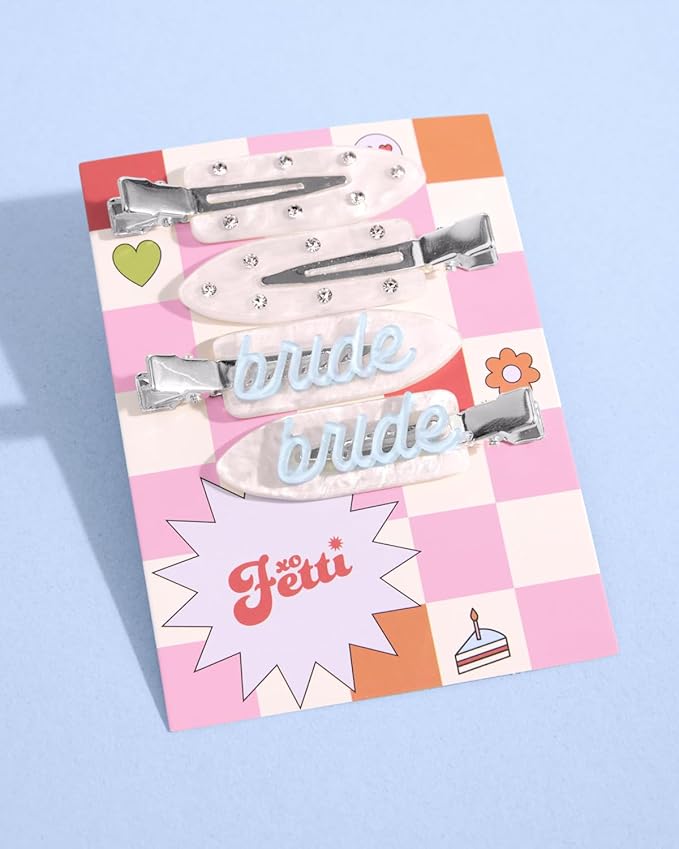 xo, Fetti Bride Beauty Clips - 4 pc | Bachelorette Party, Blue White Bridal Hair Clip, Wedding Get Ready With Me, Bridal Shower Favor, Wedding Accessory