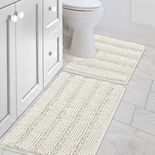 H.VERSAILTEX Bathroom Rugs Bath Rug Set 2 Piece Bathroom Contour Rug Toilet Mat Sets Non Slip Contour Bath Rug Ultra Thick Water Absorbent Striped Bath Mats Washable(20" x 32" Plus 20" x 20" U, Cream)