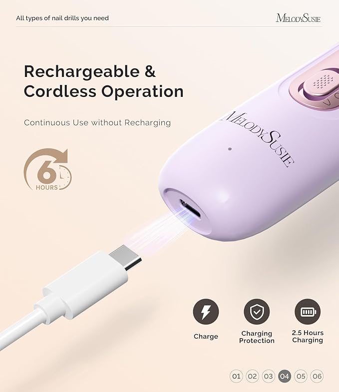 MelodySusie Cordless Pedicure & Manicure Nail Drill Kit, PC760G for Salon-Quality Foot Care for Home & Travel, Rechargeable with 5 Speeds, 8-in-1 Bits, 360° LED Light & Anti-Dust Shield, Purple