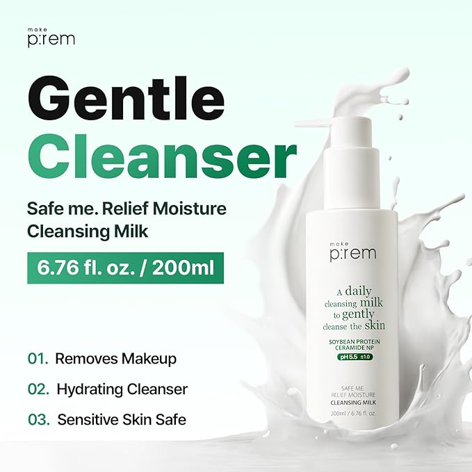 MAKE P:REM Safe Me. Relief Moisture Cleansing Milk, Hydrating Gentle Milk Cleanser for Sensitive Skin with Soy Protein, Korean Face Wash, 6.76 fl.oz. (200ml)