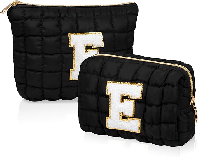 2PCS Initial Checkered Makeup Bag, Large Quilted Cosmetic Bag, Cute Make up Pouch for Purse, Travel Toiletry Storage Bag for Women Preppy Teen Girls Gift Trendy Stuff Gift (Black E)