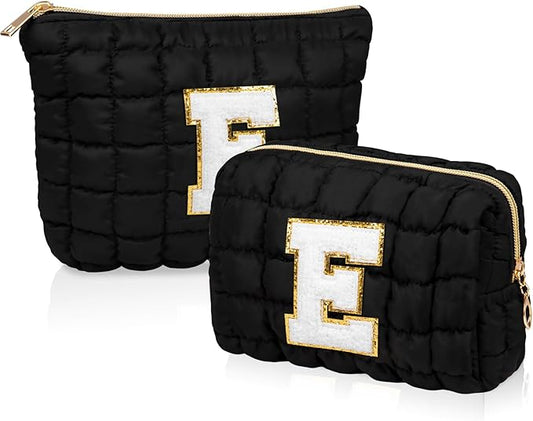 2PCS Initial Checkered Makeup Bag, Large Quilted Cosmetic Bag, Cute Make up Pouch for Purse, Travel Toiletry Storage Bag for Women Preppy Teen Girls Gift Trendy Stuff Gift (Black E)