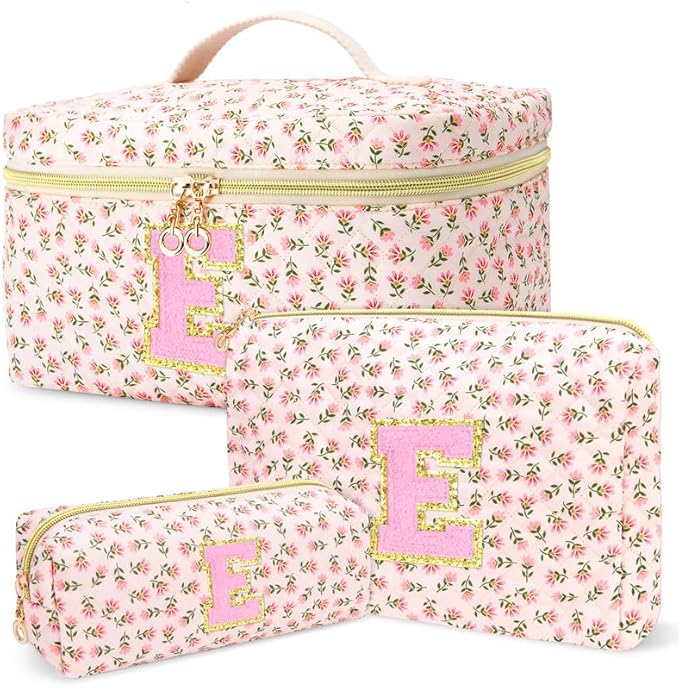 3 PCS Travel Makeup Bag Set,A-Z Initials Cotton Make up Bag Floral Quilted Cosmetic Bag for Girls and Women,Personalized Christmas Gifts,Cute Toiletry Travel Accessories Brushes Bags-E