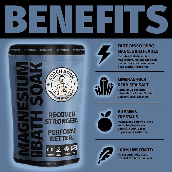 Coach Soak Recovery Bath Soak - Alternative to Epsom Salt Bath Soak - Fast-Absorbing Pure Magnesium Flakes & Dead Sea Salt with 21 Minerals, Bath Salts & Essential Oils - 3 lb, Unscented