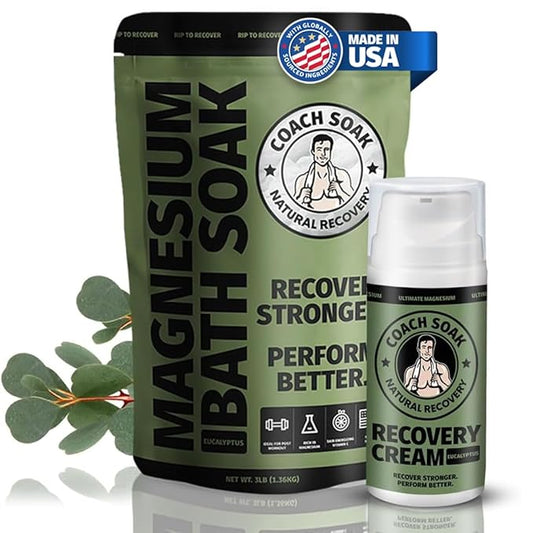 Coach Soak Recovery Bath Soak and Magnesium Lotion with MSM Eucalyptus Tea Tree Bundle (Eucalyptus)