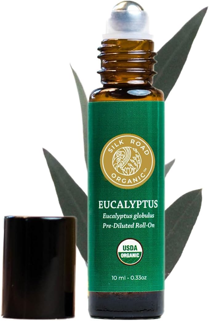 Silk Road Organic Eucalyptus Essential Oil Roll On, USDA Certified - Respiratory Health, Colds, Cough, Sinus & Allergy Congestion - 10 ml Aromatherapy Roller - Always Pure, Always Organic