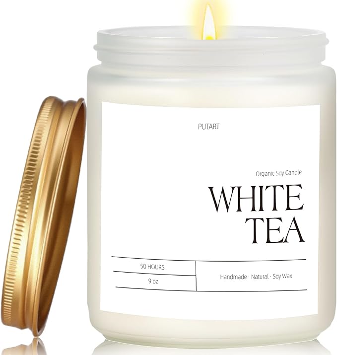 White Tea Candles for Home Scented, Natural Soy Wax Aromatherapy Non Toxic Scented Candle, Handmade Highly Scented & Long Lasting Jar Candle for Stress Relief, Relaxation, Holiday Gifts (9oz)