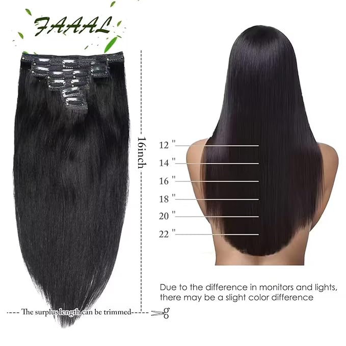 16" Clip in Human Hair Extensions Full Head 130g 7 Pieces 16 Clips 1# Jet Black Double Weft Brazilian Real Remy Hair Extensions Thick Straight Silky (16", 130g Jet Black)