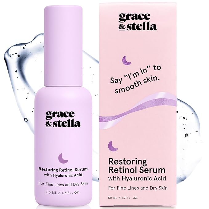 grace & stella Retinol Serum for Face with Hyaluronic Acid (50ml/1.7 fl oz) - Restoring Retinol Hyaluronic Acid Serum for Face to Reduce Fine Lines & Wrinkles - Acido Hialuronico - Vegan Skincare