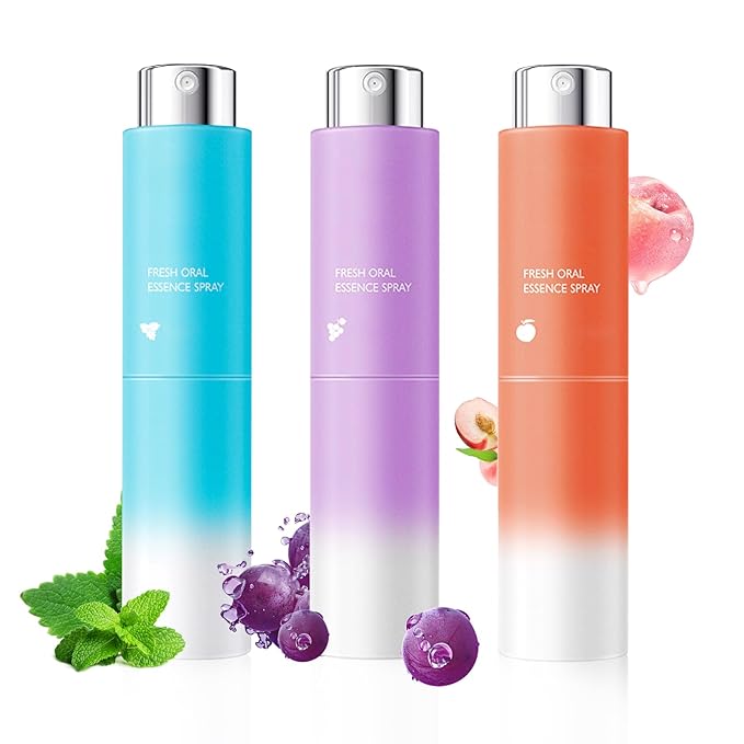 3PCS Breath Fresheners,Peach,Grape,Mint Flavors Fresh Breath Spray for Oral Care,Travel Size Mouth Rinse Fresheners,Refreshing Mini Mouth Sprays for Carrying Around