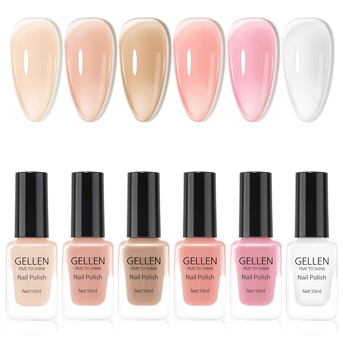 GELLEN Sheer Nude Jelly Nail Polish Not UV Gel, Neutual Regular Nail Polish, Translucent Nude Pink Milky White 6 Colors Set for Acrylic Natural Nails Home Salon, Quick Air Dry, Hema Free, Non-toxic