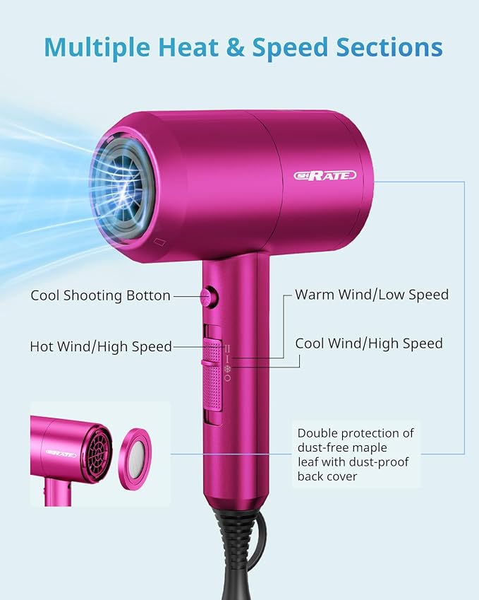 SHRATE Lightweight Ionic Hair Dryer with Diffuser - Powerful 1800W Blow Dryer for Fast Drying - Professional Low Noise Mini Hair Dryer for Travel, Gifts, Hair Styling