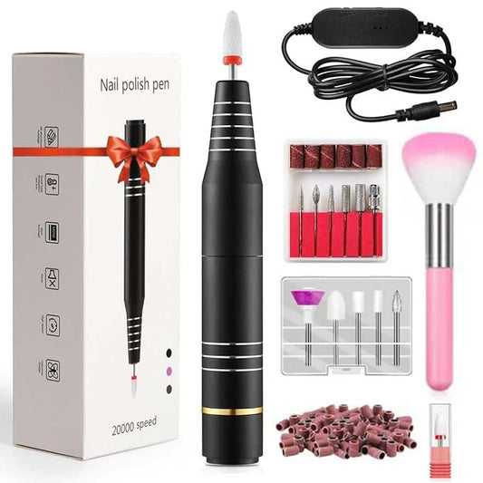 Electric Nail Drill, Ultra-Quiet Low Vibration Electric Nail File, Portable Electric Nail File for Crystal Gel Nails, Manicure and Pedicure Tools Polishing Set for Home and Salon Use (Black Set)