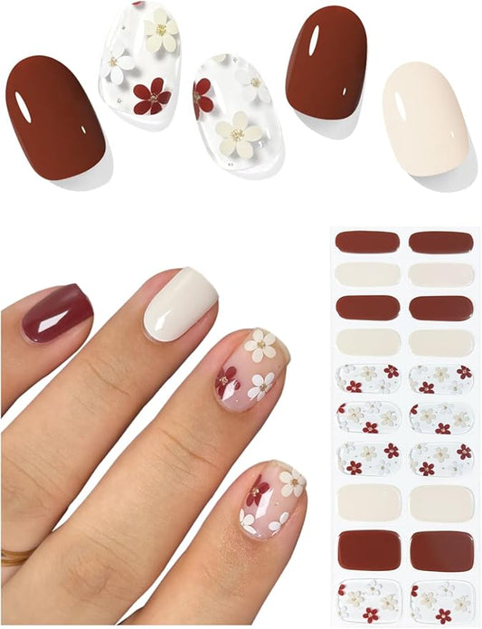 Semi Cured Gel Nail Strips (Autumn Flower), 20 Pcs Gel Nail Wraps, Stickers, Fall, Salon Quality, Works With Any Lamps