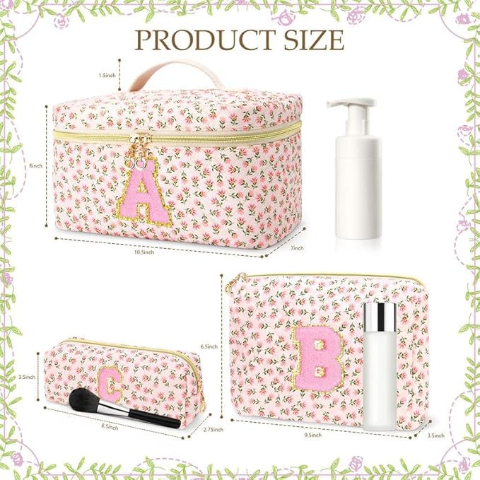 3 PCS Travel Makeup Bag Set,A-Z Initials Cotton Make up Bag Floral Quilted Cosmetic Bag for Girls and Women,Personalized Christmas Gifts,Cute Toiletry Travel Accessories Brushes Bags-I