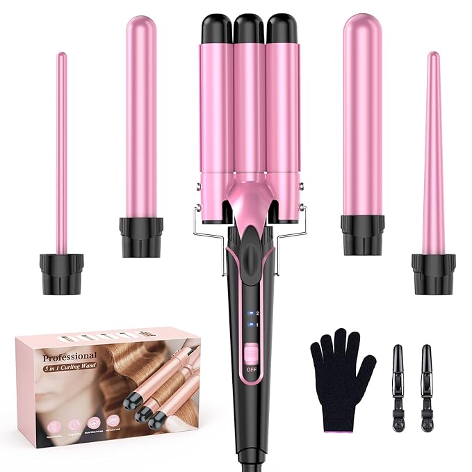Waver Curling Iron Wand - BESTOPE PRO 5 in 1 Curling Wand Set with 3 Barrel Hair Crimper for Women, Fast Heating Crimper Wand Curler in All Hair Type, Women Gifts - Pink