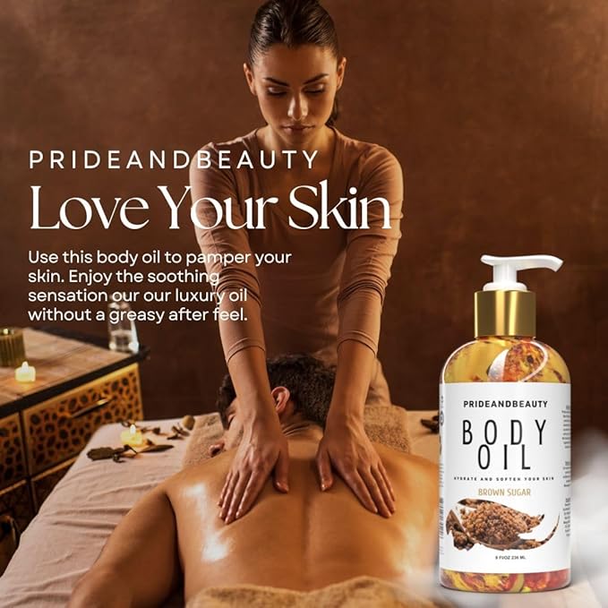 PrideandBeauty After Shower Oil. Skin Hydrating Oil. Body Oil Scented. Body Oils For Women Dry Skin. (Vanilla Buttercream) (8 OUNCES, Brown Sugar)