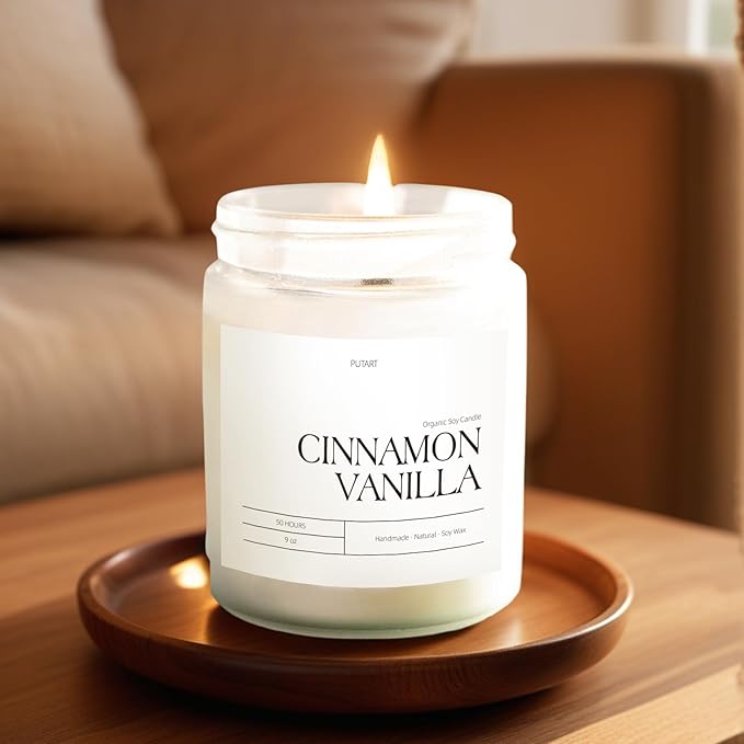 Cinnamon Vanilla Candles for Home Scented, Natural Soy Wax Aromatherapy Non Toxic Heavy Scented Candle with Essential Oil, Home Fragrance Stress Relief Jar Candles Gifts for Women & Men 9oz