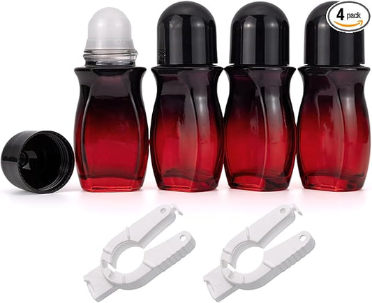 4 Pack 50mL Glass Roller Bottles for Deodorant, Essential Oil Roll On Bottles, Leak-Proof Refillable Rollerball Containers, Travel DIY Perfume Applicator, Black Red Gradient with Black Caps