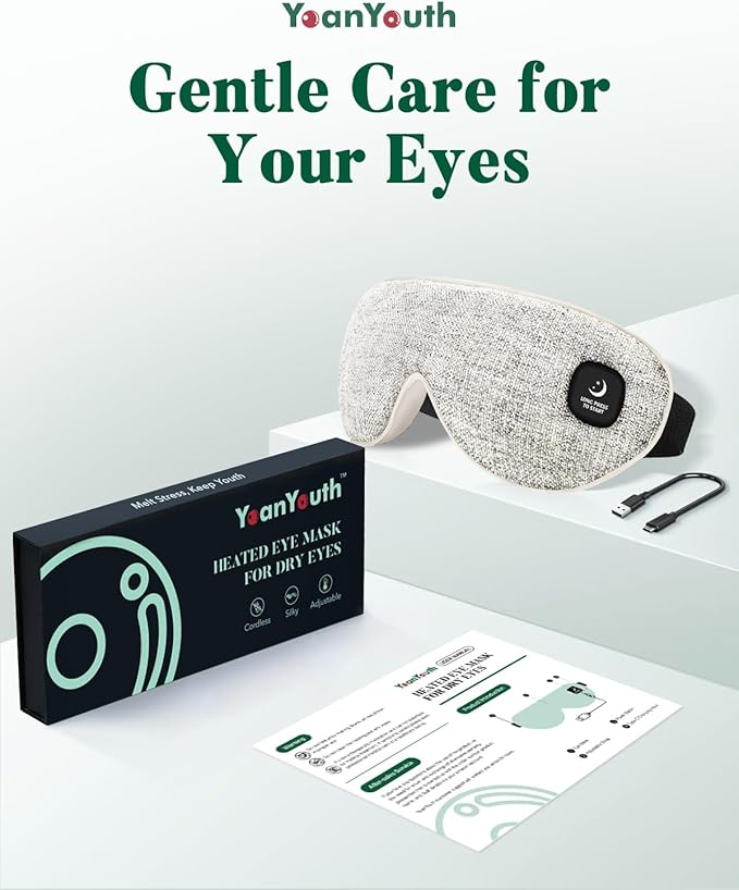 Heated Eye Mask for Dry Eyes, Cordless Warm Compress for Eyes, Light Blocking Eye Heating Pad, Styes, Sleep, Cover Washable, Rechargeable, Light Gray