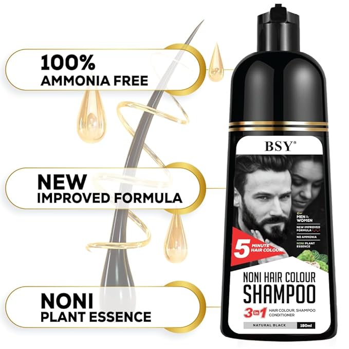 BSY Noni Hair Color Shampoo - 6 fl oz - Pump Pack | No Ammonia | 3 in 1 - Hair Dye Shampoo, Conditioner for Women and Men | Natural Black, Permanent Hair Color for Black Hair