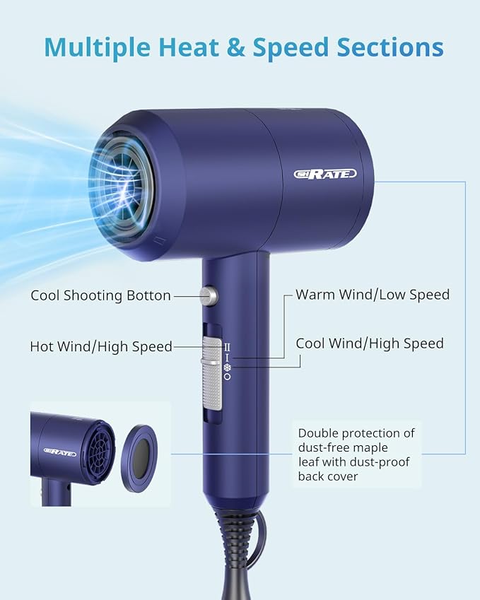 SHRATE Lightweight Ionic Hair Dryer with Diffuser - Powerful 1800W Blow Dryer for Fast Drying - Professional Low Noise Mini Hair Dryer for Travel, Gifts, Hair Styling
