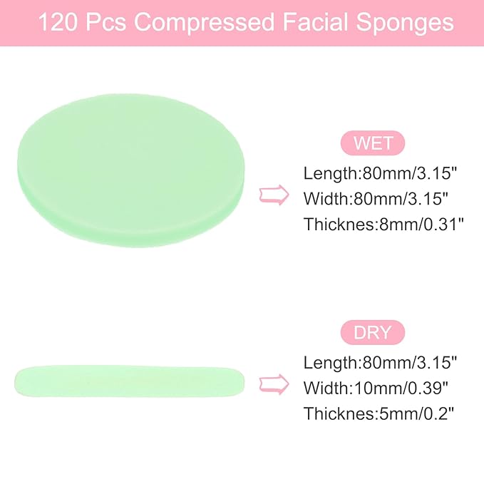 uxcell 120 Count Compressed Facial Sponges Round Face Cleansing Sponges Pads for Daily Skincare Routines at Home, Kitchen(Green)