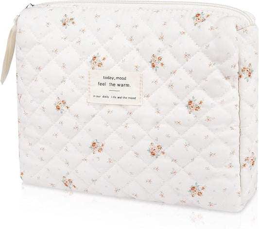 Floral Makeup Bag, Small Cosmetic Bag for Women Girls, Cute Cotton Makeup Bag, Quilted Makeup Bags, Flower Travel Toiletry Organizer Bag(Rose Pattern)