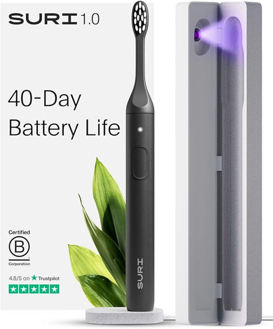 SURI 1.0 Sonic Electric Toothbrush with UV Cleaning Travel Case |1 Month+ Battery | Designed in California | Electric Toothbrush for Adults | Travel Toothbrushes | Tooth Brush | Black