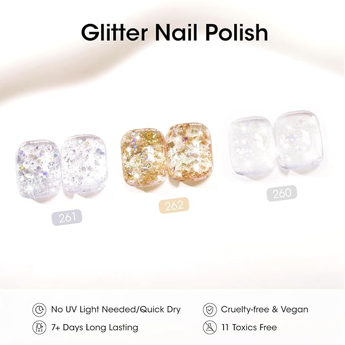 GELLEN Glitter Nail Polish Set 3 Colors Silver Gold Glitter Sequins Nail Polish Quick Dry Sparkle Nail Lacquer Reflective Fingernail Toenail Polish DIY Manicure Gift for Christmas/New Year/Winter